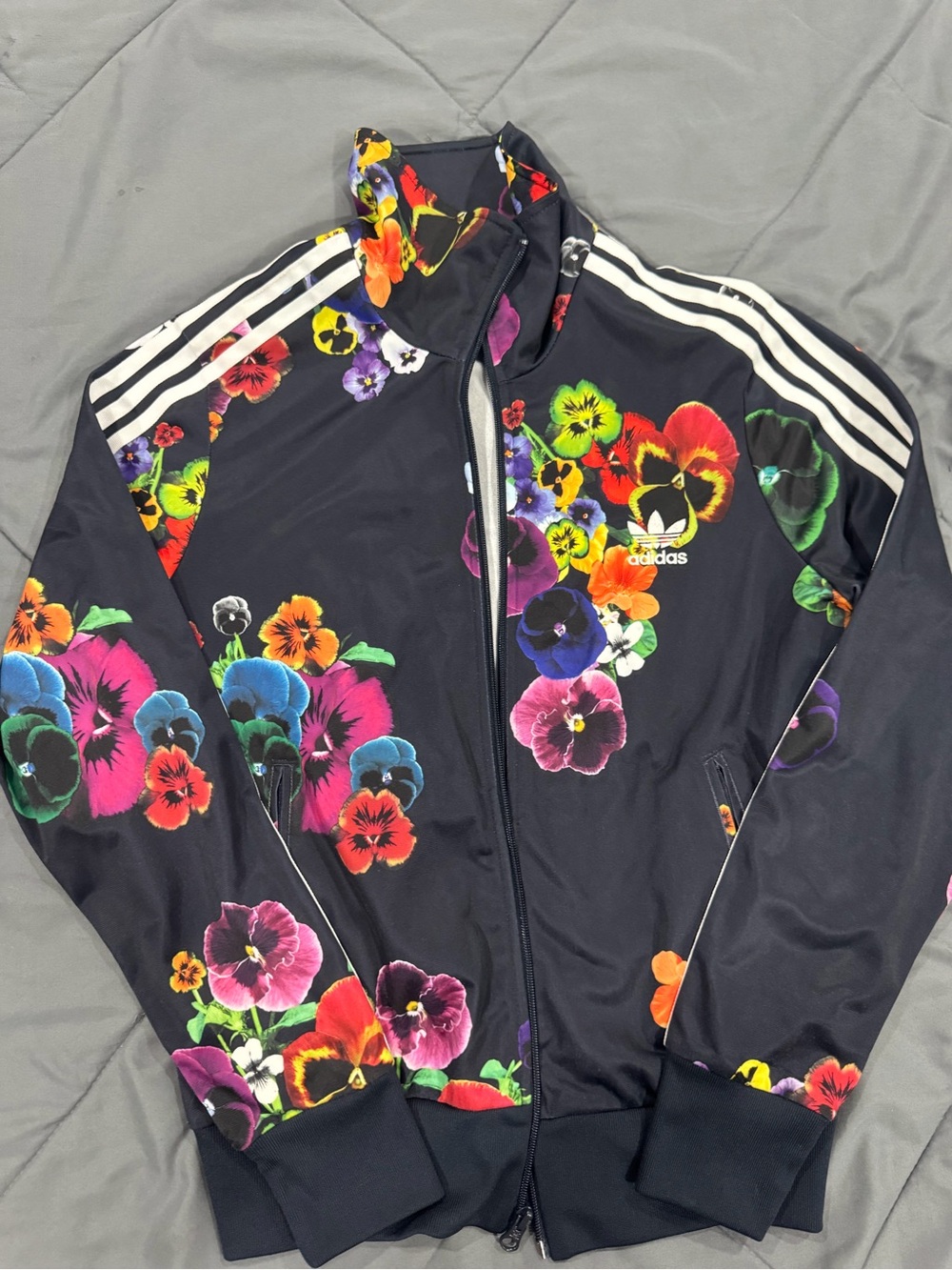 adidas Black Floral Bomber Jacket with Multicolor Pansies